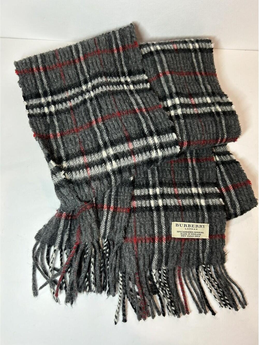 Burberry London Gray Plaid Wool Cashmere Fringe Scarf - Picture 2 of 9
